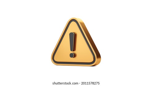 Gold Exclamation Mark Symbol And Attention Or Caution Sign Icon Isolated On Alert Danger Problem White Background With Warning Graphic Flat Design Concept. 3D Rendering.