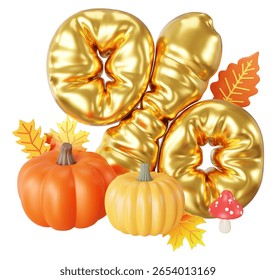 Gold fall 3D inflatable plastic balloon percent sign sticker with orange autumn leaves and pumpkins decor. Marketing typography promotion graphic isolated clipart