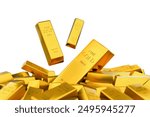 Gold falls and gold bar stack, cut out, isolated on white background, clipping path, investment gold futures in stock market concept, 3d illustration