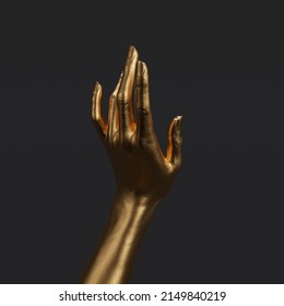 Gold Female Hand Elegant Gesture. Mannequin Hand Sculpture Isolated On Black, 3d Rendering.