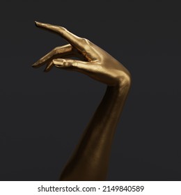 Gold Female Hand Elegant Gesture. Mannequin Hand Sculpture Isolated On Black, 3d Rendering.