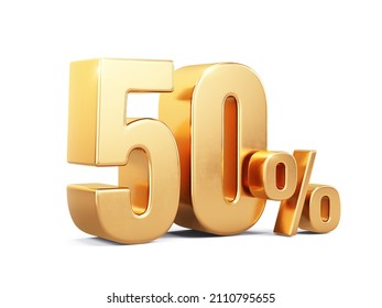 Gold Fifty Percent Isolated On White. Fifty 50% Income Or 50% Off On Sale Concept. 3d Rendering