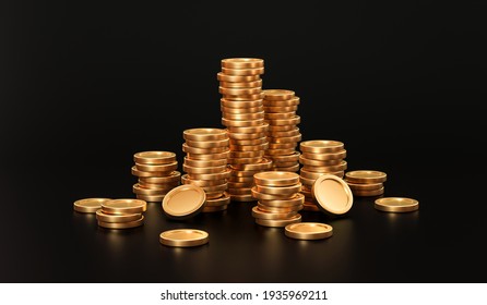 Gold Finance Coin Or Money Currency Cash On Black Background With Pile Of Treasure Coins. 3D Rendering.