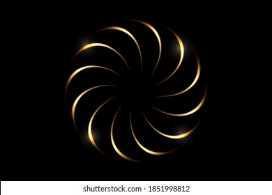 Gold fireworks with light effect on black background. Glowing spiral line with light effect, abstract background