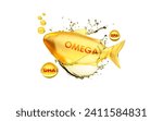  Gold fish oil, vitamins and omega 3 in shape supplemental, benefits of pills improving mental, heart, eyes, bones health, lower cholesterol level. 3d rendering on white background.