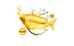  Gold Fish Oil, Vitamins And Omega 3 In Shape Supplemental, Benefits Of Pills Improving Mental, Heart, Eyes, Bones Health, Lower Cholesterol Level. 3d Rendering On White Background.