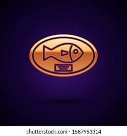 Gold Fish Trophy Hanging On The Board Icon Isolated On Dark Blue Background. Fishing Trophy On Wall.  