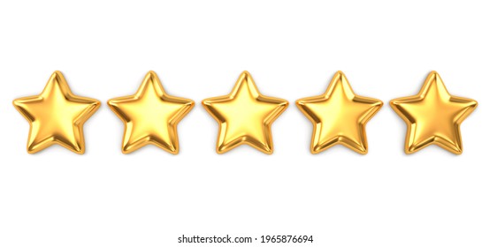 Gold Five Star Quality Rating Isolated On White. 3D Rendering With Clipping Path