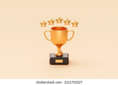 Gold Five Star Rating Trophy Success Award Symbol On Achievement 3d Background Of Best Customer Feedback Review Winner Prize Or Golden Victory Premium Quality Ranking Rate And Excellent Satisfaction.