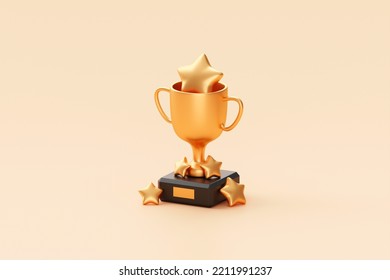 Gold Five Star Rating Trophy Success Award Symbol On Achievement 3d Background Of Best Customer Feedback Review Winner Prize Or Golden Victory Premium Quality Ranking Rate And Excellent Satisfaction.