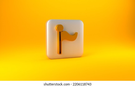 Gold Flag Icon Isolated On Yellow Background. Location Marker Symbol. Silver Square Button. 3D Render Illustration.