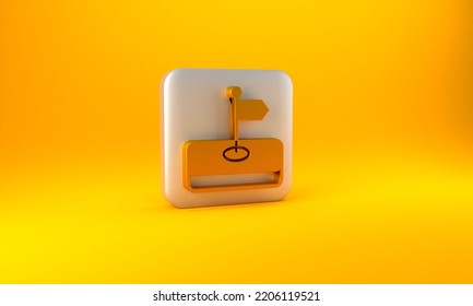 Gold Flag Icon Isolated On Yellow Background. Location Marker Symbol. Silver Square Button. 3D Render Illustration.