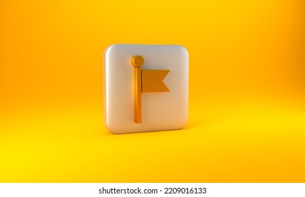 Gold Flag Icon Isolated On Yellow Background. Location Marker Symbol. Silver Square Button. 3D Render Illustration.