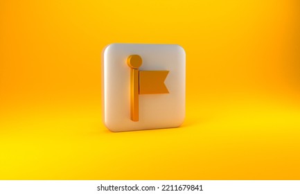 Gold Flag Icon Isolated On Yellow Background. Location Marker Symbol. Silver Square Button. 3D Render Illustration.