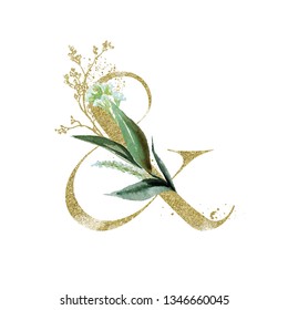 Gold Floral Alphabet - ampersand & with botanic branch bouquet composition. Unique collection for wedding invites decoration & other concept ideas.