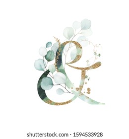 Gold Floral Alphabet - ampersand & with gold and green botanic branch leaf bouquet composition. Unique collection for wedding invites decoration & other concept ideas. - Powered by Shutterstock