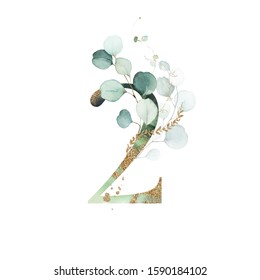 Gold Floral Numbers - Digit 2 With Gold And Green Botanic Branch Leaf Bouquet Composition. Unique Collection For Wedding Invites Decoration & Other Concept Ideas.