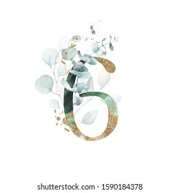 Gold Floral Numbers - Digit 6 With Gold And Green Botanic Branch Leaf Bouquet Composition. Unique Collection For Wedding Invites Decoration & Other Concept Ideas.