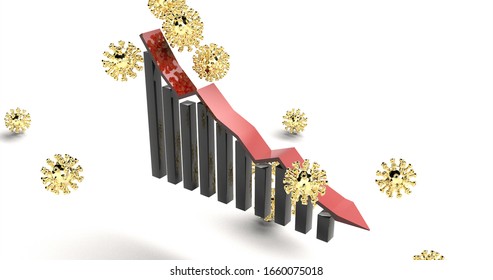 Gold Flu Particles Falling On Red Chart. Coronavirus Outbreak. Stock Illustration. Losing Money. 3d Render