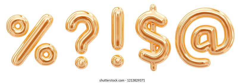 Gold Foil Alphabet Symbols Question Mark, Percentage Sign, Email At Symbol, Exclamation Point, Dollar Sign Isolated On White Background. 3d Rendering