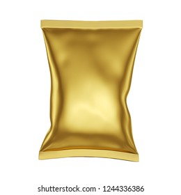 Gold Foil Chips Bag Isolated On White Background. Packaging Template (mockup). 3d Illustration.