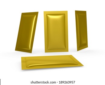 Gold Foil  Heat Sealed Packet With Clipping Path. Packaging Or Wrapper For Sweet, Snack, Coffee, Salt, Sugar, Medicine Drug, Cooling Gel Patch, Condom, Seed,paper Wipe,ready For Your Design Or Artwork