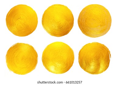 Gold Foil  Watercolor Texture. Circle Paint Stain Abstract Illustration. Shining Brush Stroke Set For You Amazing Design Project.