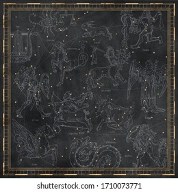 Gold Framed Antique Star Map Showing Mythical Constellations On A Black Textured Background.