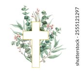 Gold framed cross with Eucalyptus plant green branches and small pink flowers, buds twig. Christian Religion. Watercolor hand drawn illustration for Baptism, Easter card. Isolated from background 