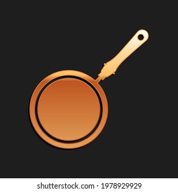 Gold Frying Pan Icon Isolated On Black Background. Long Shadow Style.