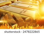 Gold fund. Investments in golden metal. Gold price growth chart. Bullion weighing 1 kilogram. Fine gold close-up. Investments in precious metals. Fluctuations in prices for golden bars. 3d image