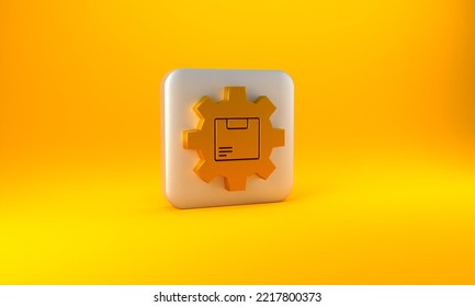 Gold Gear Wheel With Package Box Icon Isolated On Yellow Background. Box, Package, Parcel Sign. Delivery And Packaging. Silver Square Button. 3D Render Illustration.