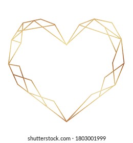 Gold Geometric Heart Shape Frame Isolated On White Background. Elegant Border For Wedding Invitations And Cards. Valentine's Day Decoration