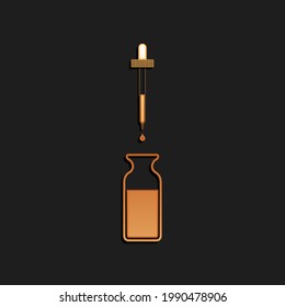 Gold Glass Bottle With A Pipette. Vial With A Pipette Inside And Lid Icon Isolated On Black Background. Container For Medical And Cosmetic Product. Long Shadow Style.