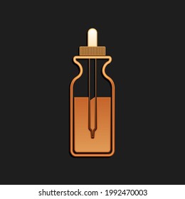 Gold Glass Bottle With A Pipette. Vial With A Pipette Inside And Lid Icon Isolated On Black Background. Container For Medical And Cosmetic Product. Long Shadow Style.