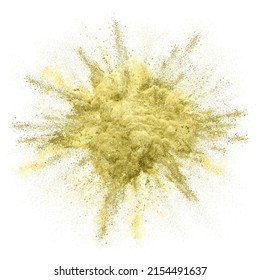 Gold Glitter Explosion, Golden Powder Splash Or Sparkling Glow Background. Gold Shimmer Glow Or Particles Explode Splash With Glitters Dust Shine On White Background