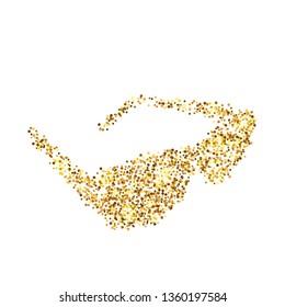 Gold Glitter Icon Of Sun Glasses Isolated On Background. Art Creative Concept Illustration For Web, Glow Light Confetti, Bright Sequins, Sparkle Tinsel, Abstract Bling, Shimmer Dust, Foil.