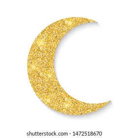 Gold Glitter Moon Icon Of Crescent Islamic Isolated On White Background.  Illustration 