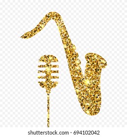 Gold glitter Old microphone and saxophone. Golden sparcle retro microphone and saxophone on transparent background. Amber particles gold confetti musical instruments.