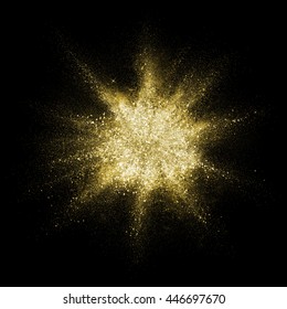 Gold Glitter Powder Explosion. Golden Color Dust Splash. Particles Burst With Golden Texture For Fashion Background, Luxury Wallpaper. Magic Mist Glowing. Powdered Vivid Gold On Black Background.