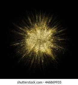 Gold Glitter Powder Explosion. Golden Color Dust Splash. Particles Burst With Golden Texture For Fashion Background, Luxury Wallpaper. Magic Mist Glowing. Powdered Vivid Gold On Black Background.