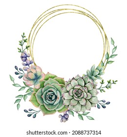 Gold glitter succulent circle frame, Hand painted cactus frame, Watercolor polygonal floral frame, Botanic Geometry frame with succulents, Nature summer illustration for wedding, greeting, invitations