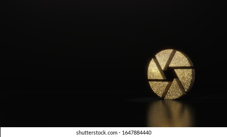 Gold Glitter Symbol Of Camera Aperture 3D Rendering On Dark Black Background With Blurred Reflection With Sparkles