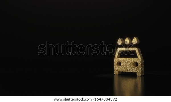 gold glitter symbol\
of car wash 3D rendering on dark black background with blurred\
reflection with\
sparkles