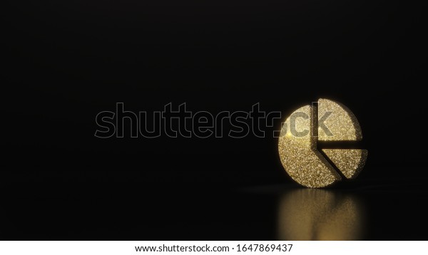 gold glitter symbol of circular chart pie\
divided into triangular areas 3D rendering on dark black background\
with blurred reflection with\
sparkles