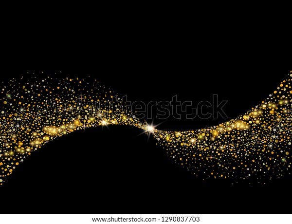 Gold glitter wave with Sparkles magic fairy\
dust on black\
background