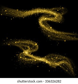 Gold Glittering Stars Dust Trail On Black Background