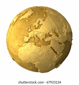 Gold Globe - Metal Earth With Realistic Topography - Europe, 3d Render