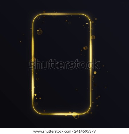 Gold glowing rectangular smartphone looking frame, light effect illustration. Luxury luminous golden frame lines with flying abstract sparkling flash, glares particles on black background
