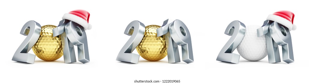 gold golf ball 2019 new year santa hat on a white background 3D illustration, 3D rendering